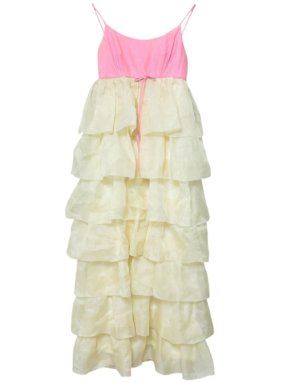Vintage 1960s Pink Organza Tiered Ruffle Cupcake Dress Prom Gown Womens Teen XS